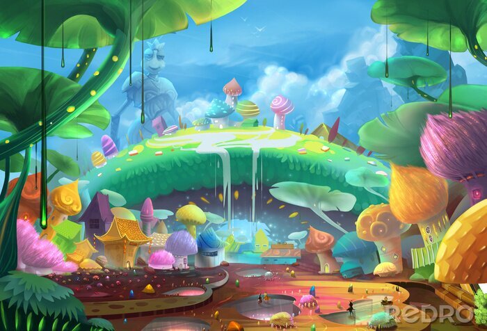 Poster Sprookjesachtig landschap en kleurrijke paddenstoelen