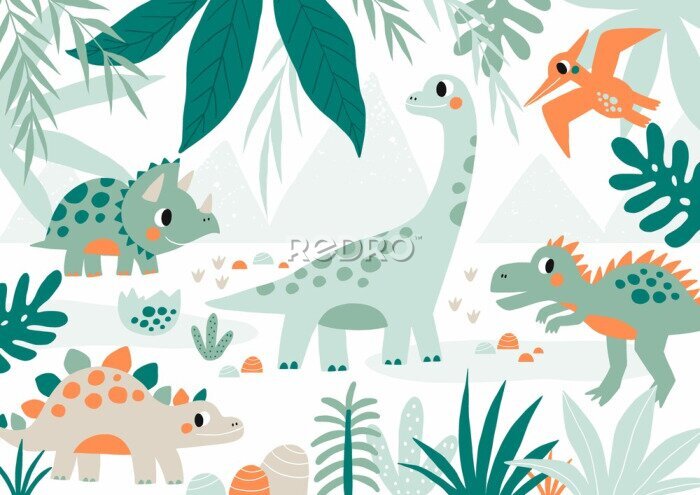 Poster Sprookjesachtige dinosaurussen tussen groene planten