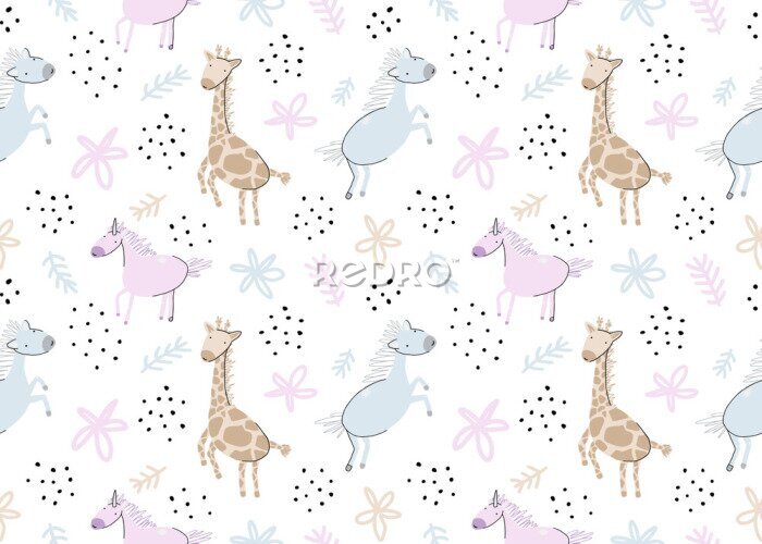 Poster Sprookjesachtige eenhoorns en giraffen