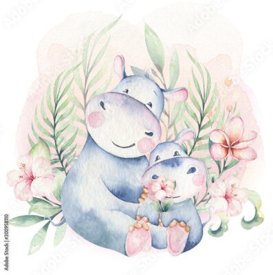 Poster Sprookjesachtige illustratie met nijlpaarden