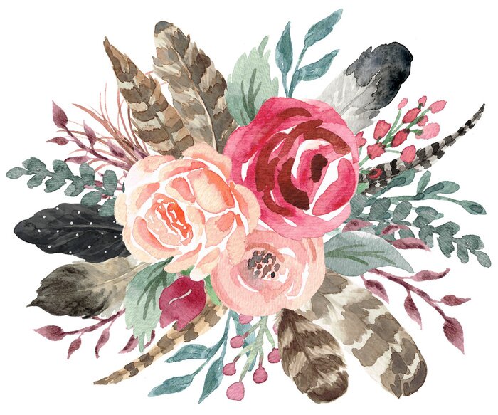 Poster Sprookjesachtige pioenrozen omgeven door bladeren en veren