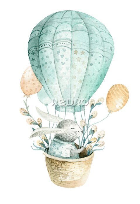Poster Sprookjeskonijn in vliegende ballon