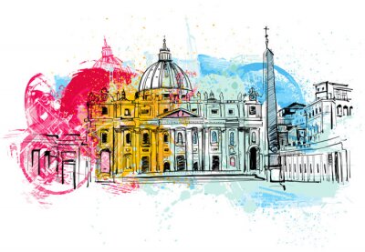 Poster Stad Rome en gekleurde schets