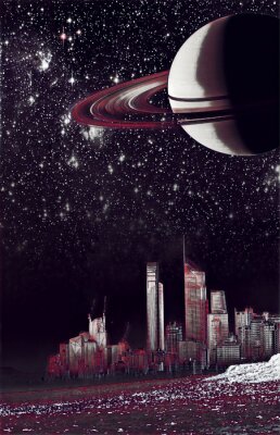 Poster Stad 's nachts in het licht van de planeet