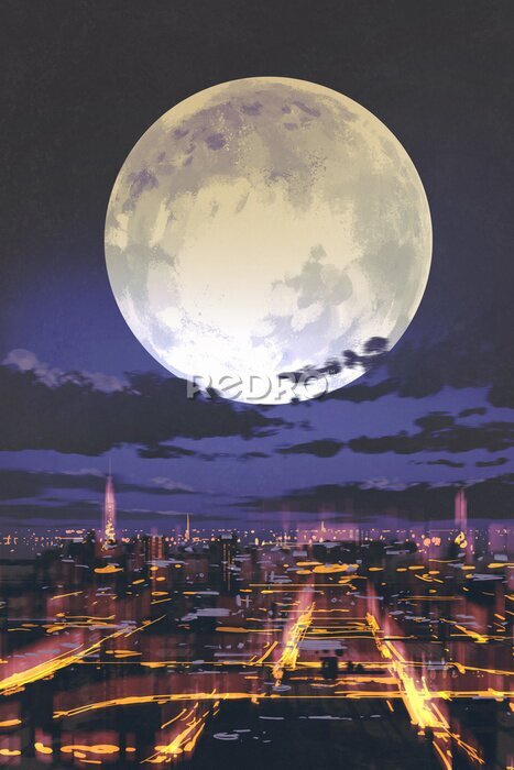 Poster Stadslandschap bij nacht