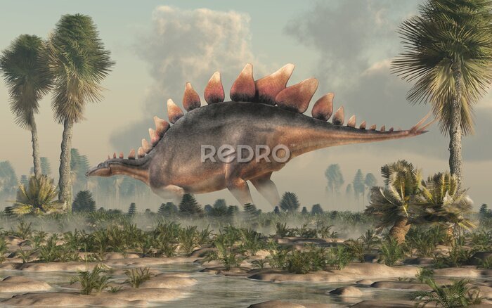 Poster Stegosaurus, was a thyreophoran dinosaur. An herbivore, it is one of the best known dinosaurs of the Jurassic period. Here, a grey and brown one is standing in profile in a wetland. 3D Rendering. 