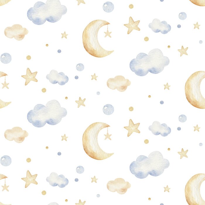 Poster Sterren, wolken en manen in pastelkleuren