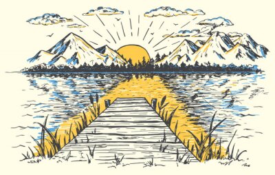 Poster Stijgende zon op het meer, landschap met een brug. Handgetekende vintage illustratie. Schets in retro stijl