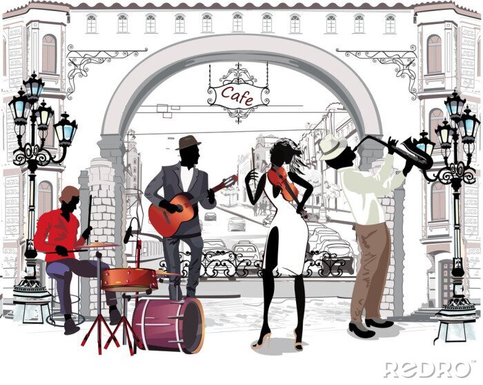 Poster Straatmuzikanten in de stad. Jazzband. Hand getekende vectorillustratie met retro gebouwen.