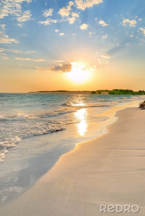 Poster Strand en zee met ondergaande zon