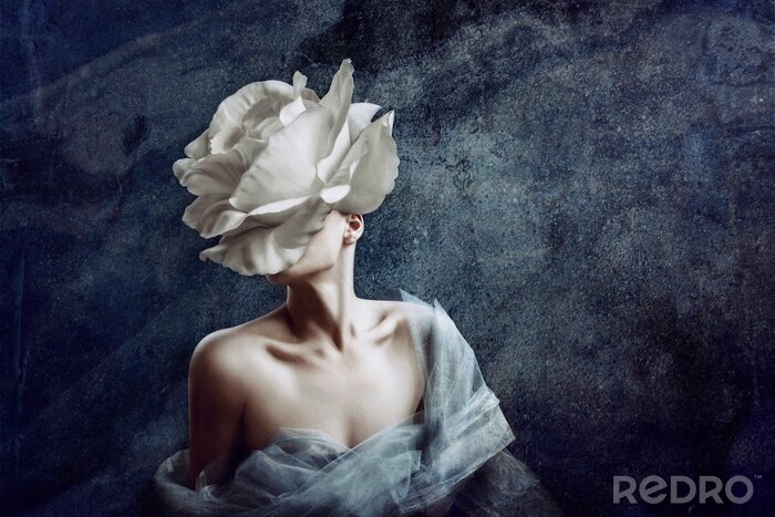Poster Strange fine art concept. The body of a woman, her head is a rose.