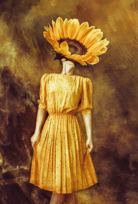 Poster Strange fine art concept. The body of a woman, her head is a sunflower.