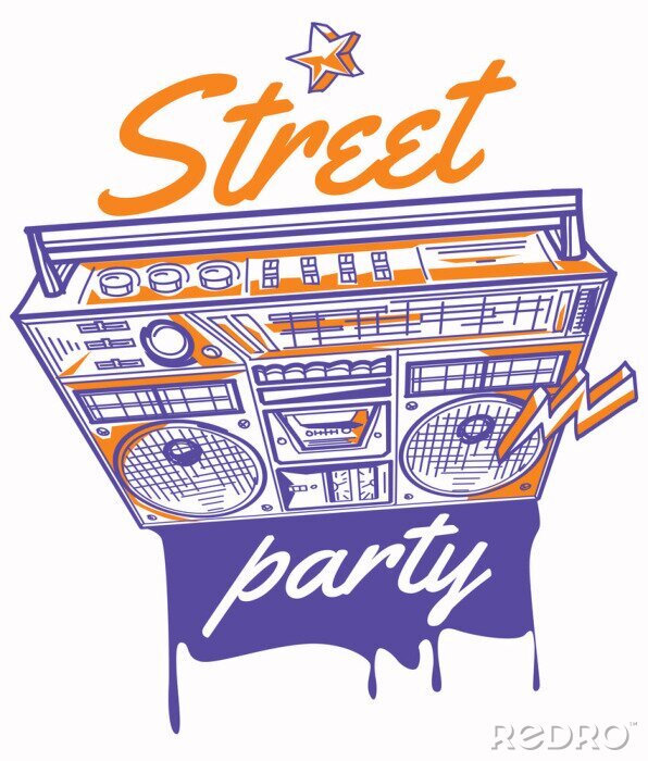 Poster Street party poster with drawn color boom box and graffiti arrows