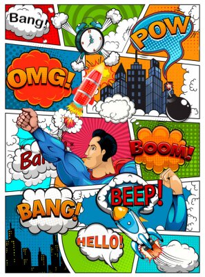 Stripboekpagina gedeeld door lijnen met spraakbellen, raket, superheld en geluidseffect. Retro achtergrondmodel. Stripsjabloon. Illustratie