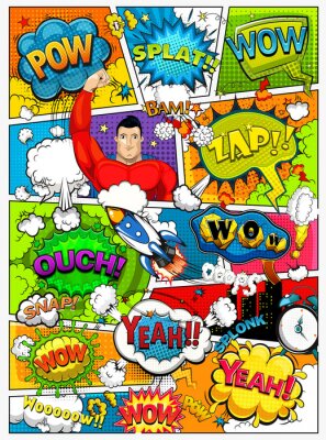 Stripboekpagina gedeeld door lijnen met spraakbellen, raket, superheld en geluidseffect. Retro achtergrondmodel. Stripsjabloon. Illustratie