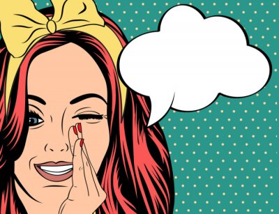 Poster Stripfiguurmeisje met een tekstballon die een geheim onthult