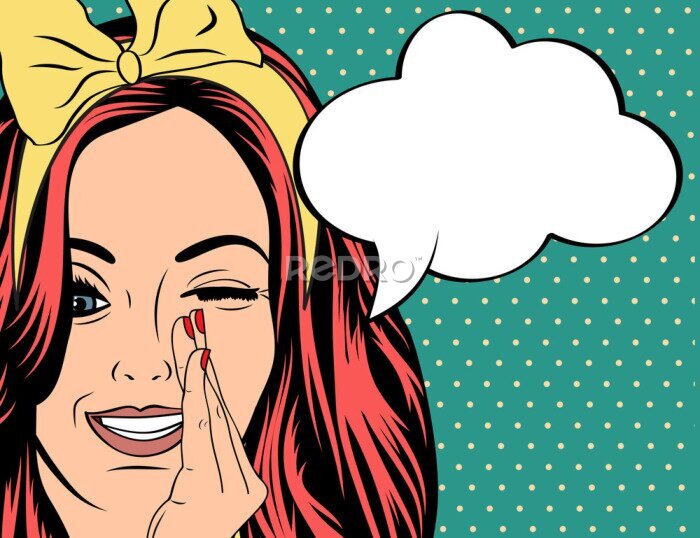 Poster Stripfiguurmeisje met een tekstballon die een geheim onthult