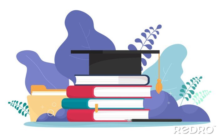 Poster Student hat with a brush, a stack of books, files and a pen with a pen. Education, students, dissertation, training. Vector illustration i in cartoon flat style.