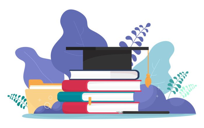 Poster Student hat with a brush, a stack of books, files and a pen with a pen. Education, students, dissertation, training. Vector illustration i in cartoon flat style.