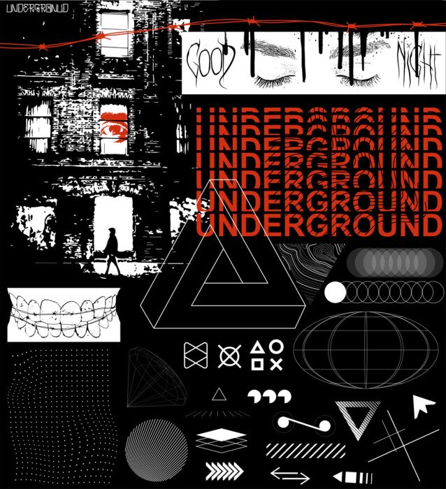 Poster Stylish design elements, brutalism shapes for t-shirt and merch print. Trendy street design, graphic prints clothing ambigram. Aggressive hip hop elements for evil defiant design. Vector illustration