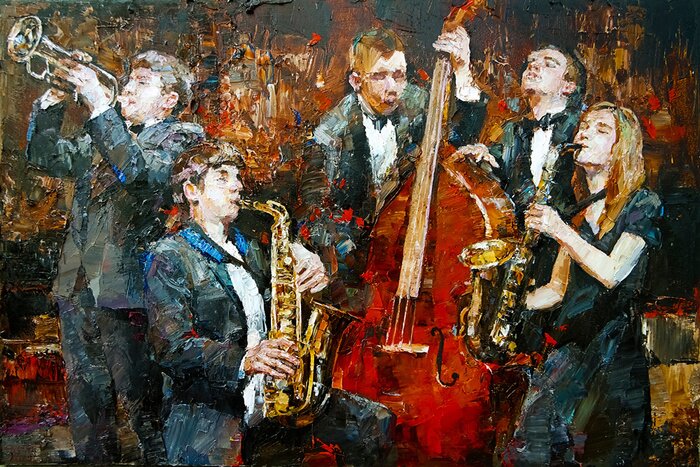 Poster Stylish jazz band playing music on the scene, background is brown, painted in the expressive manner. Palette knife technique of oil painting and brush.