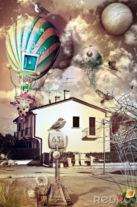 Poster Suburban fantasie met vuur ballon