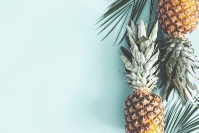 Poster Summer composition. Pineapple, palm leaves on pastel blue background. Summer concept. Flat lay, top view, copy space