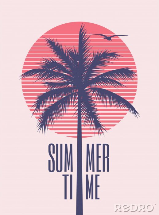 Poster Summer time minimalistic vintage styled poster design template with palm silhouette and red sun on background for summer party or event. Vector illustration