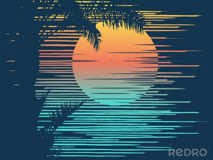 Poster Sunset on tropical beach with palm tree. Sun over evening sea.