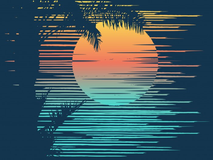 Poster Sunset on tropical beach with palm tree. Sun over evening sea.