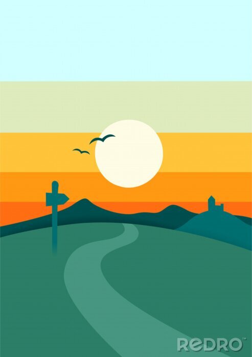 Poster Sunset or sunrise in mountain, nature landscape background vector illustration