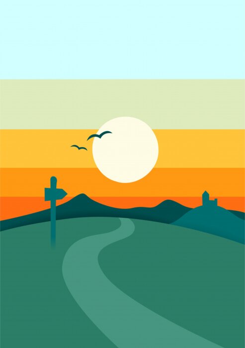 Poster Sunset or sunrise in mountain, nature landscape background vector illustration