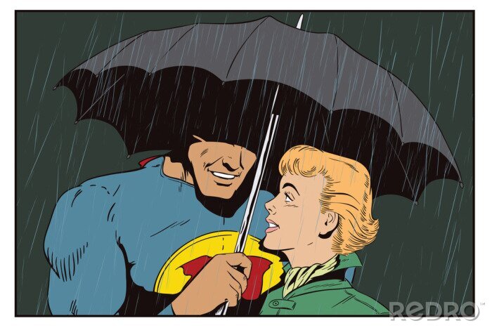 Poster Superhero redt meisje van regen. Een held heeft een paraplu over een vrouw. Stock Illustratie.
