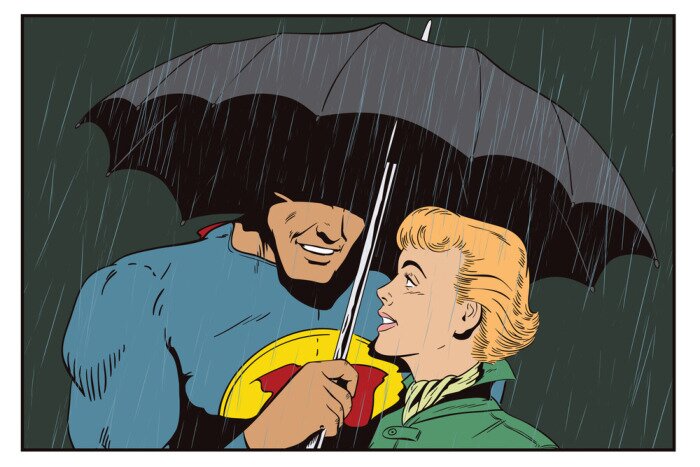 Poster Superhero redt meisje van regen. Een held heeft een paraplu over een vrouw. Stock Illustratie.
