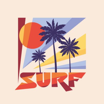 Surf - vector illustratie concept in vintage grafische stijl voor t-shirt en andere printproductie. Palmen, zonillustratie. Badge logo ontwerp. 80's stijl vintage retro Californië strand.