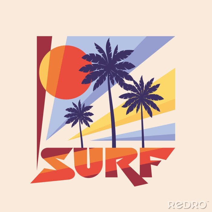 Poster Surf - vector illustratie concept in vintage grafische stijl voor t-shirt en andere printproductie. Palmen, zonillustratie. Badge logo ontwerp. 80's stijl vintage retro Californië strand.