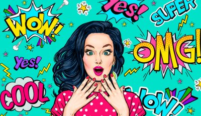 Surprised  woman on Pop art  background . Advertising poster or party invitation with sexy club girl with open mouth in comic style. Presenting your product. Expressive facial expressions