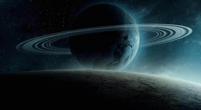 Poster surreal space 3d illustration, planet with rings rising over horizon (no NASA images used)