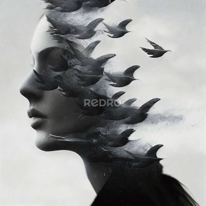 Poster Surrealistisch portret met vogels