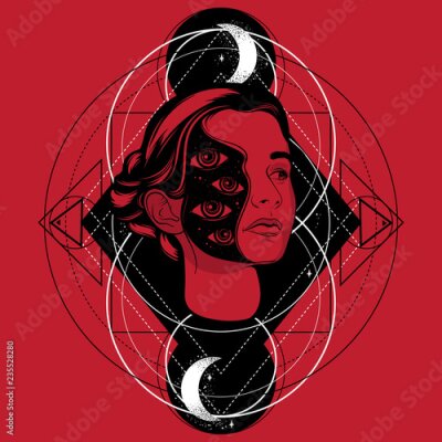 Poster Surrealistisch portret van een vrouw tegen een rode achtergrond.