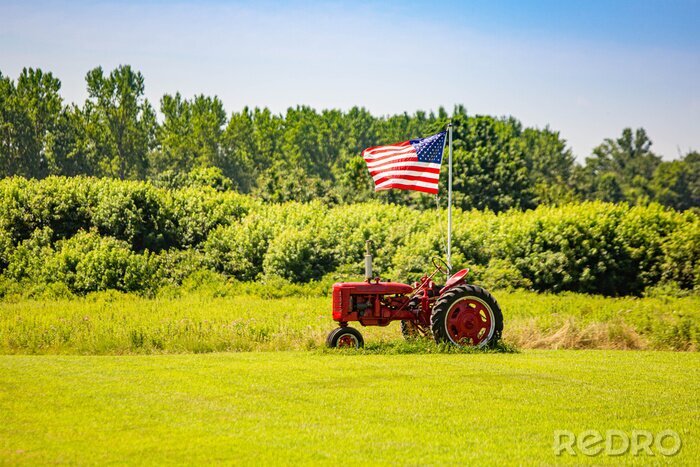 Poster Symbols of American farming: tractor and flag
