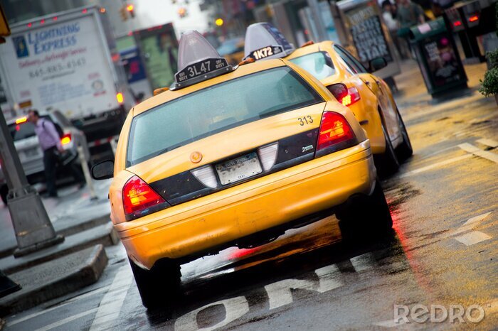 Poster Taxi en zwart+AC0-witte Brooklyn Bridge