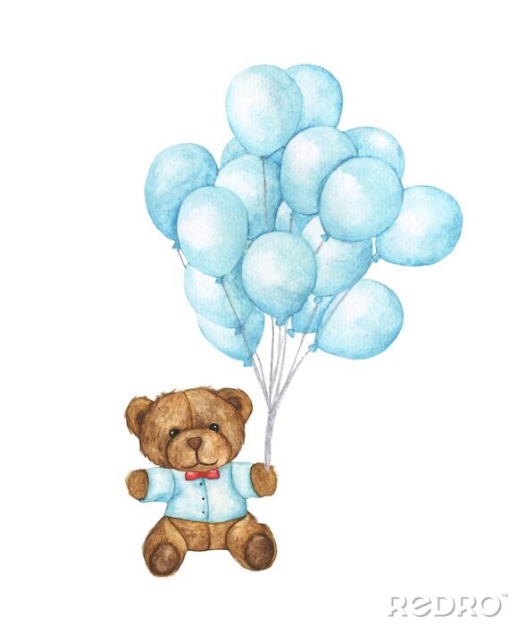Poster Teddybeer in een blauwe trui en met blauwe ballonnen