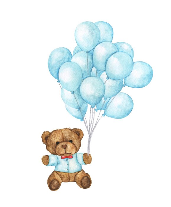 Poster Teddybeer in een blauwe trui en met blauwe ballonnen