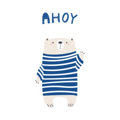 Poster Teddybeer in matrozenstijl met witte en blauwe trui