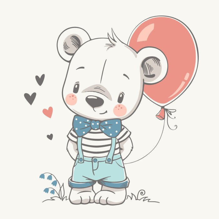 Poster Teddybeer met stipvlieg en rode ballon