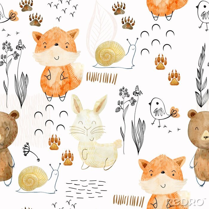 Poster Teddyberen, vossen en konijntjes naadloos patroon in aardetinten