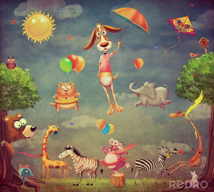 Poster Tekenfilm dieren met ballonnen