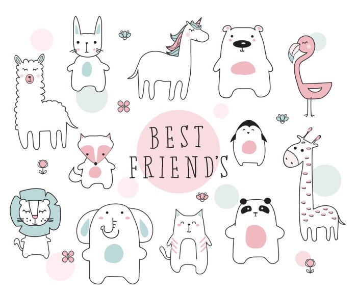 Poster Tekenfilmdieren in pasteltinten