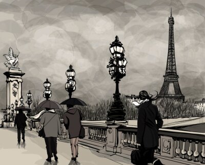 Tekening van Alexander III brug in Parijs tonen Eiffeltoren